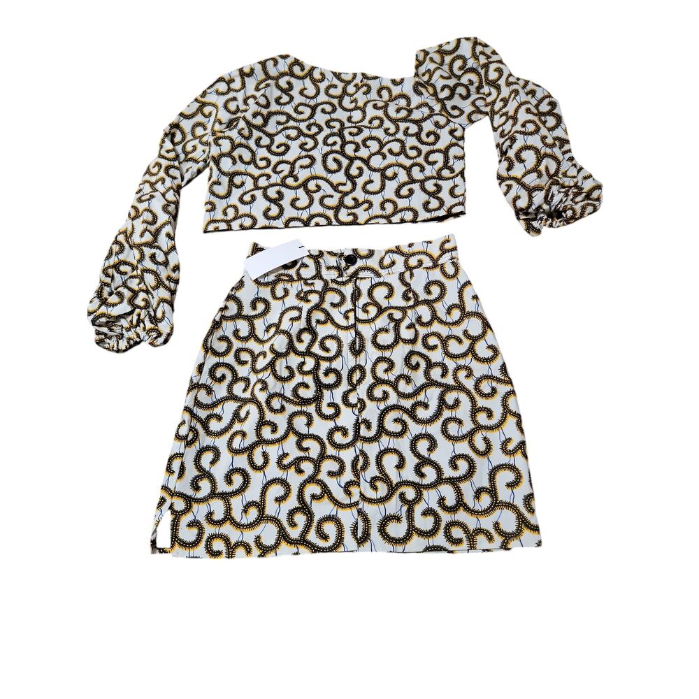 NWT Ace Kouture Womens One Shoulder Long Sleeve Patterned Top Skirt Matching Set - Picture 2 of 9